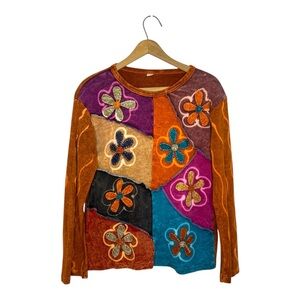 Vintage Y2K Patchwork Floral Applique Boho Hippie Grunge Phoebe Buffay Style Top